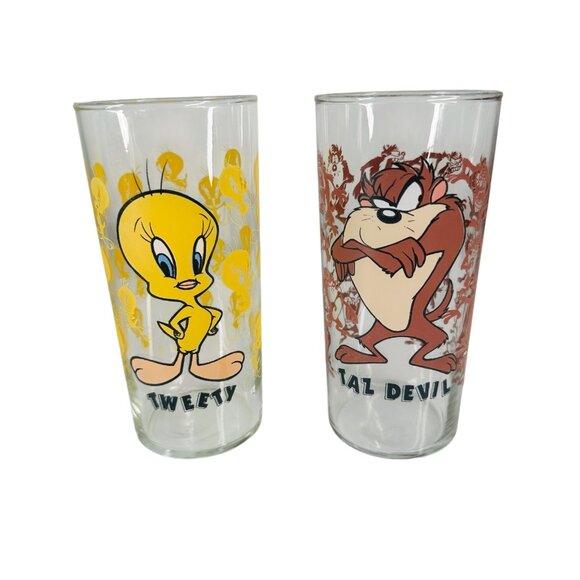RARE 1995 Looney Tunes Taz Tasmanian Devil Tweety Warner Bros Glass Lot of 2 - Picture 12 of 16